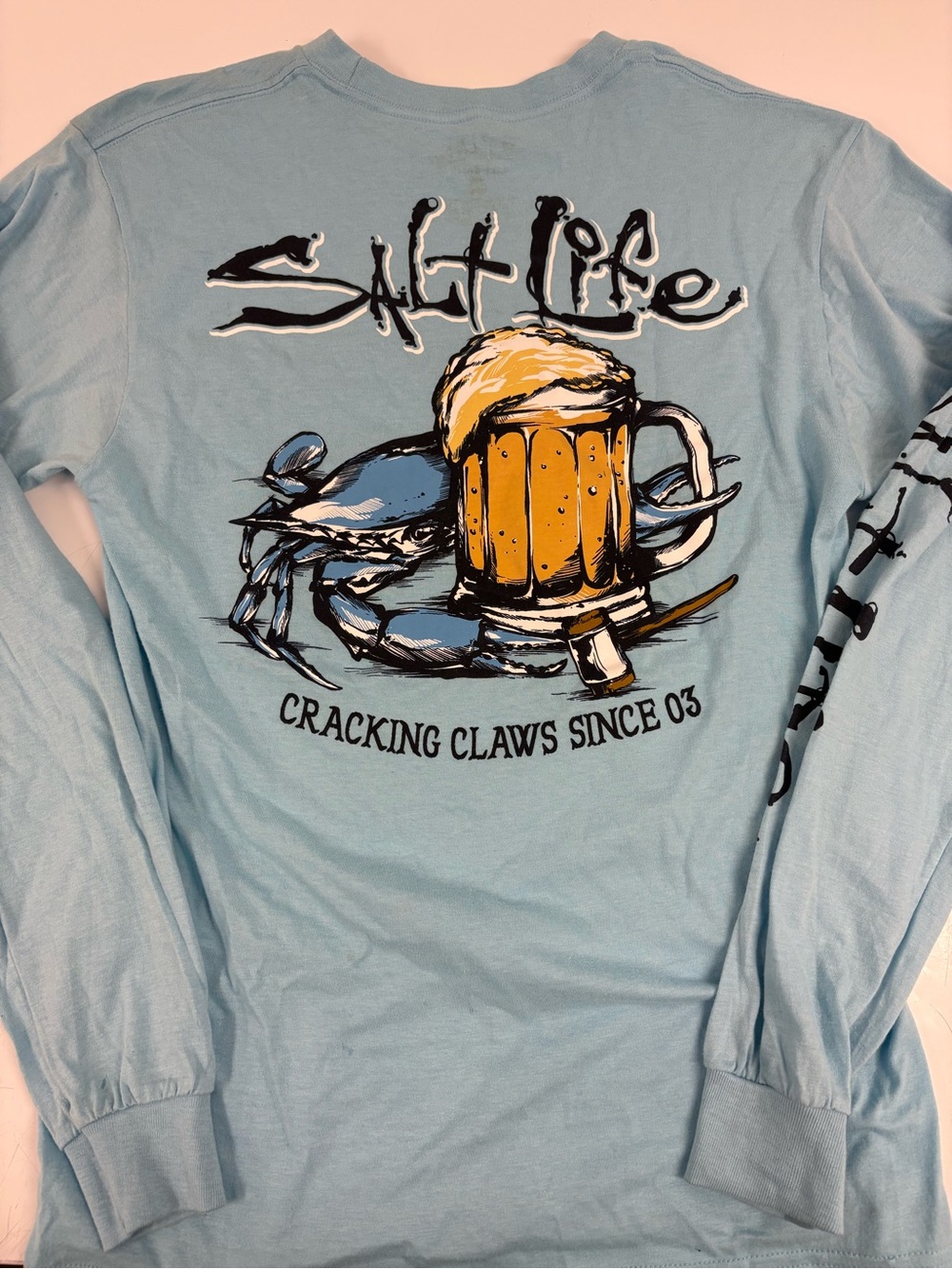 Salt Life Men’s Light Blue Long Sleeve Graphic Tee - Beer & Crab Back Print